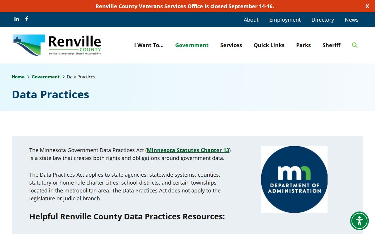 Renville County data practices page for requesting unpublished warrant records