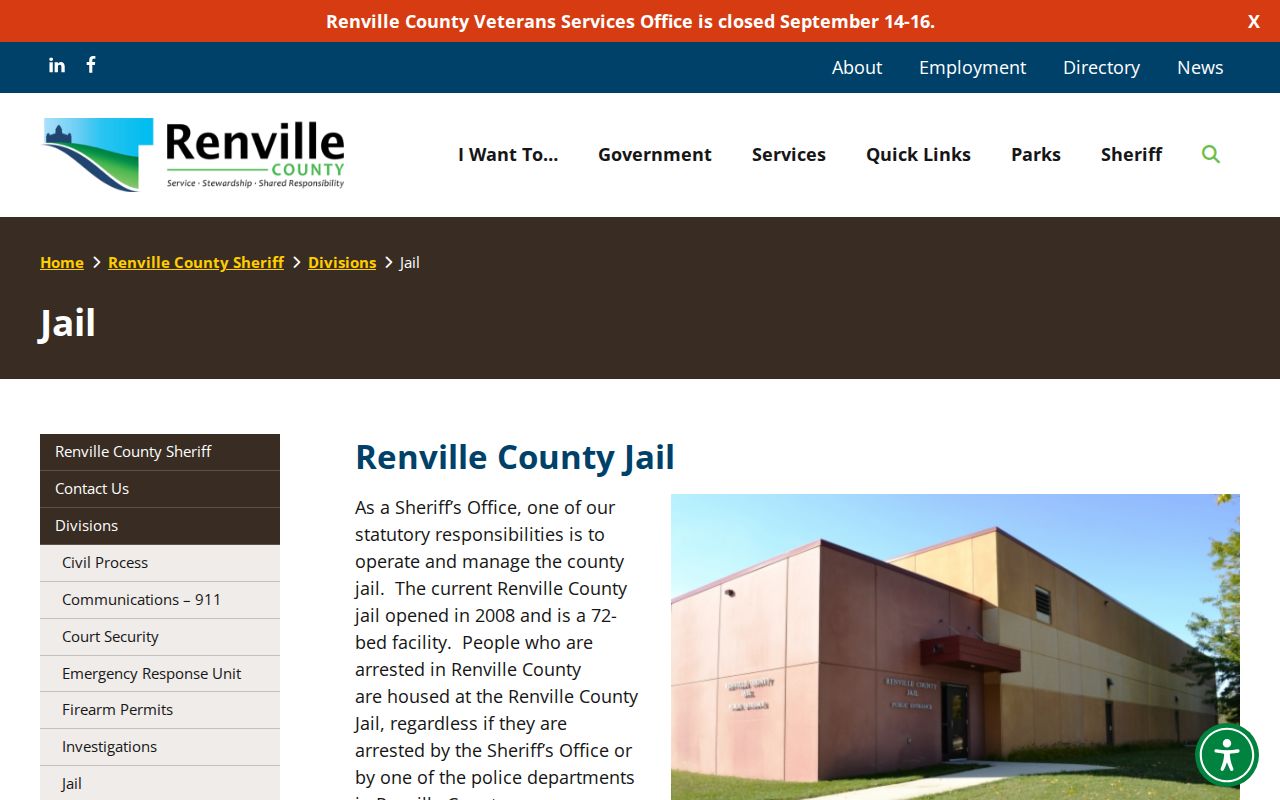 Renville County Jail building used for custody and booking after a bench warrant records case