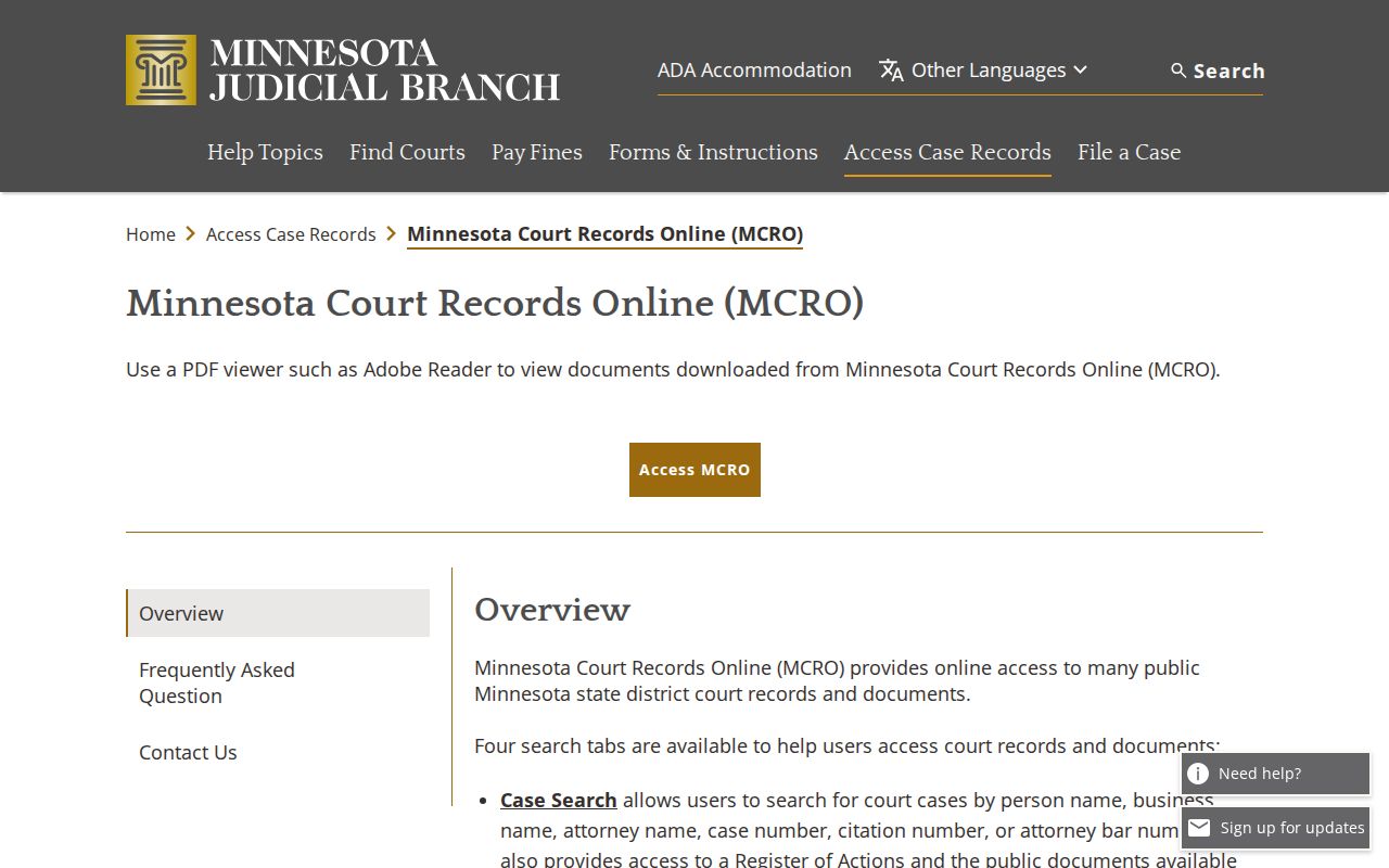 Minnesota Court Records Online search tabs used for Renville County court warrant record checks