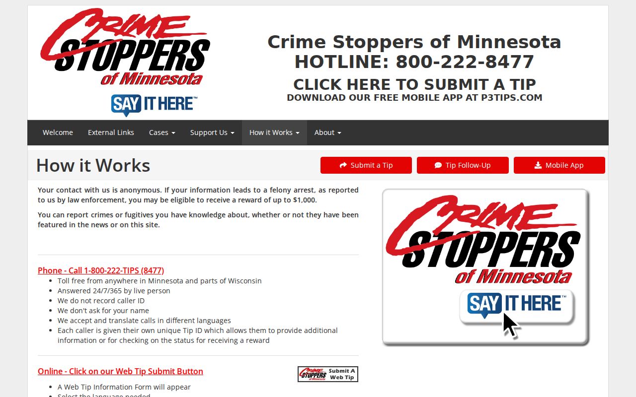 Minnesota Crime Stoppers anonymous tip and P3 app options for Renville County most wanted reports
