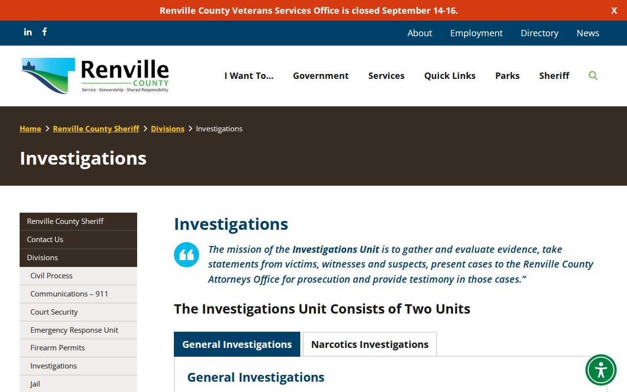 Renville County Sheriff investigations page describing the anonymous most wanted tip route