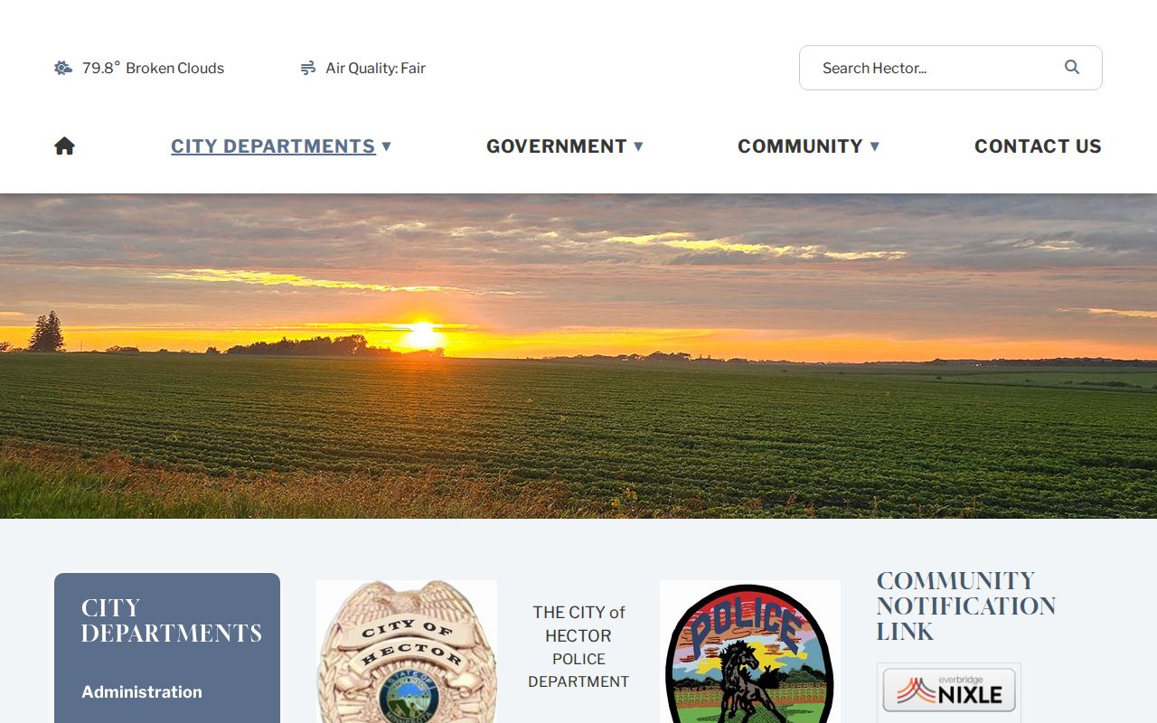 Hector police department page showing dispatch routing for Renville County city warrant questions