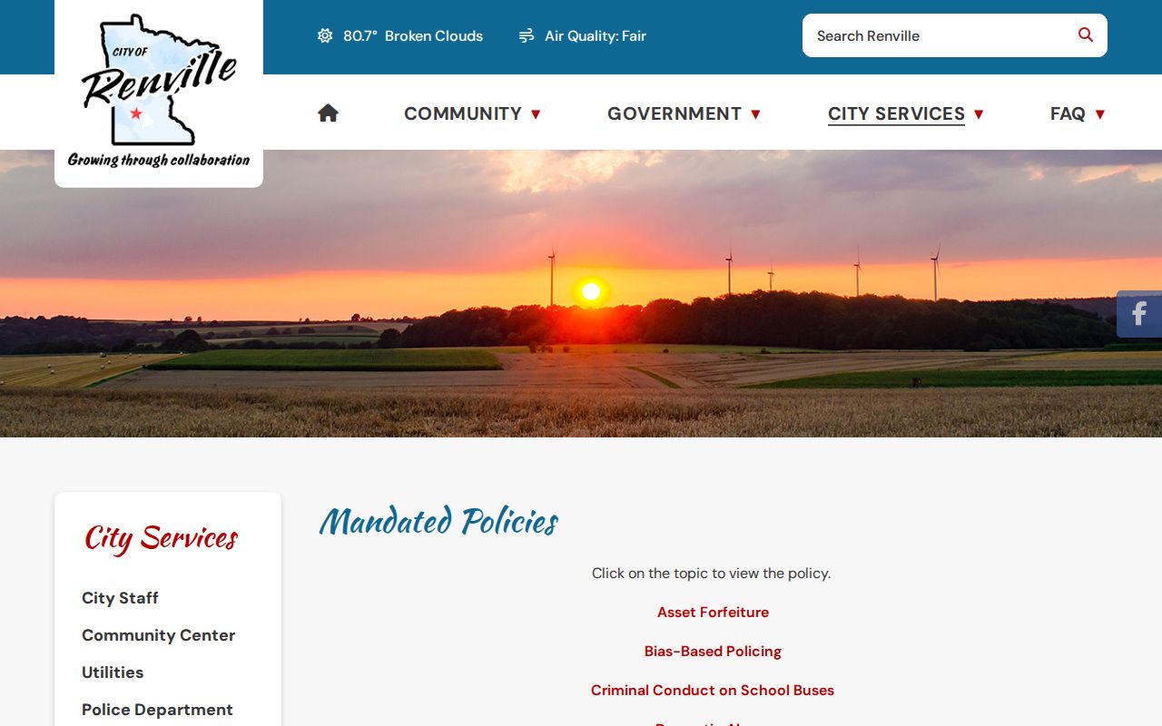 Renville police department page used for city court warrant routing in Renville County