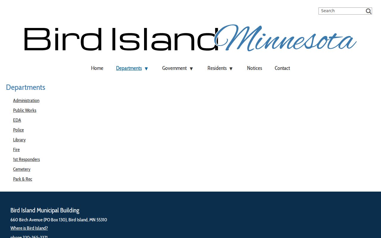 Bird Island city departments page linking police service to the Renville County sheriff for warrant checks