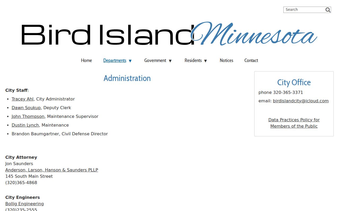 Bird Island city office contact page for public data requests and warrant record routing