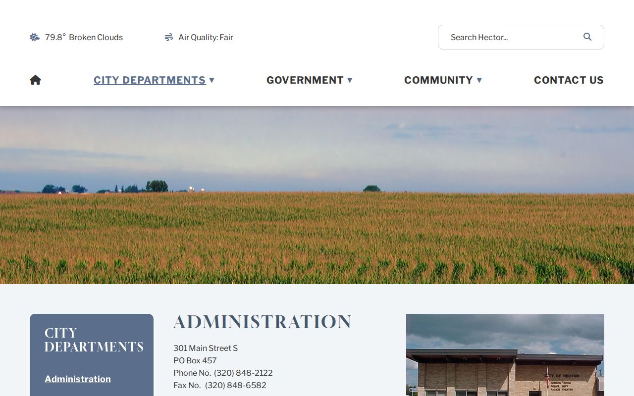 Hector city hall and administration page for Hector warrant record routing in Renville County