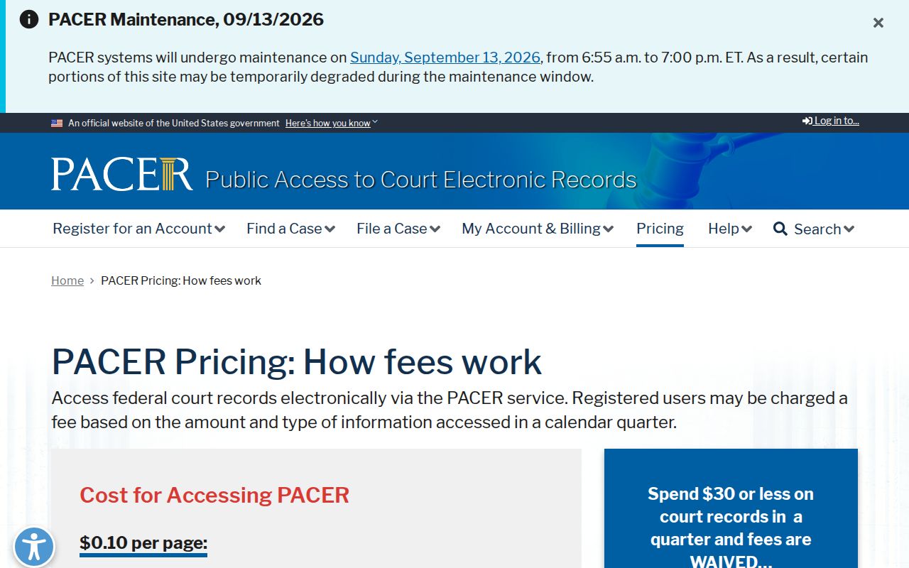PACER federal docket pricing page used for Renville County federal warrant research
