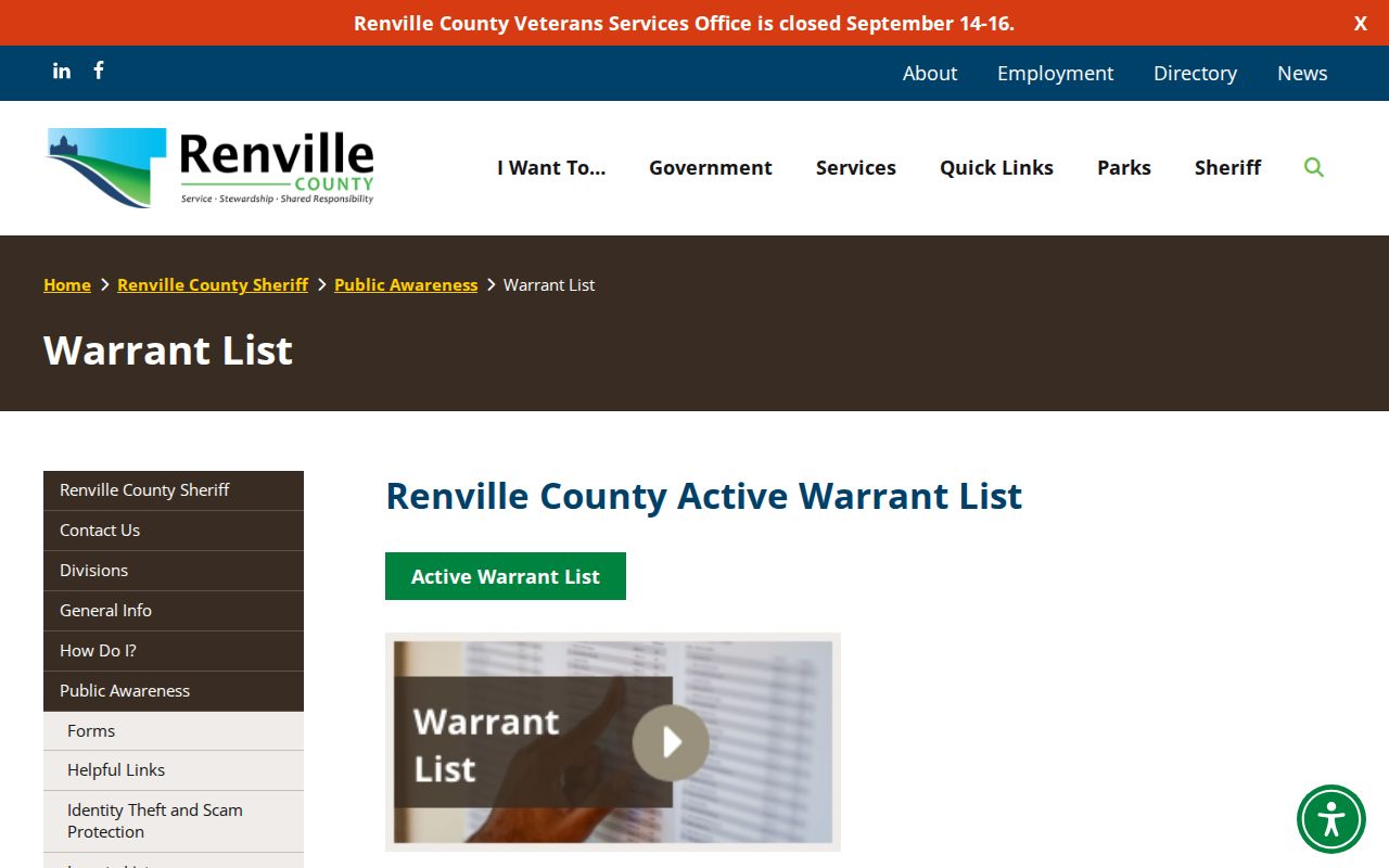 Renville County warrant list landing page linking to the active warrant records host