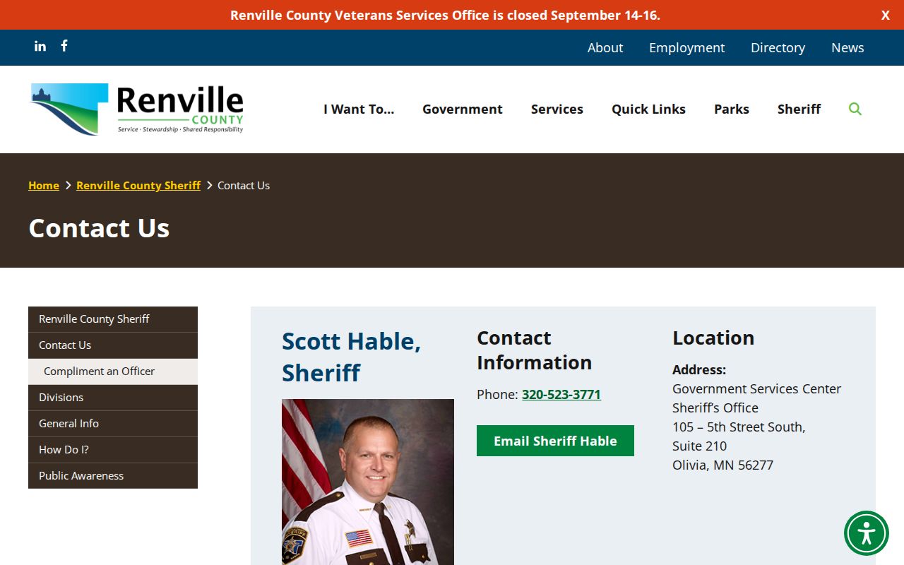 Renville County Sheriff records, dispatch, and jail contact block for warrant records questions