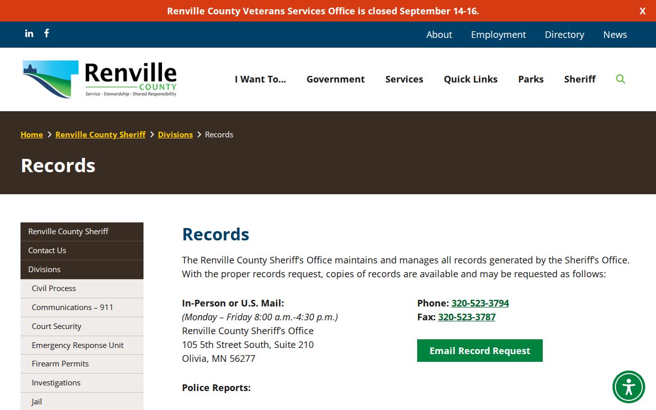 Renville County Sheriff records request page used to ask about a Renville warrant record